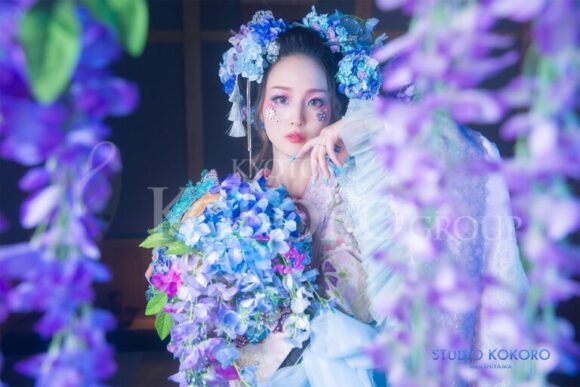 紫陽花 藤 着物 変身写真