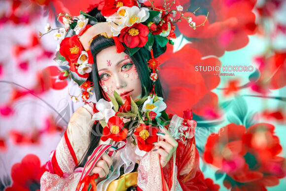 椿 着物 変身写真