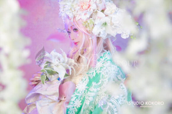 百合 着物 変身写真