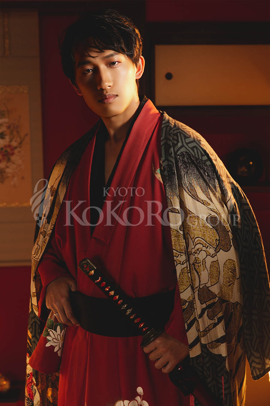 Men's Sharaku kimono style with ukiyo-e haori and sword pose in Kyoto studio